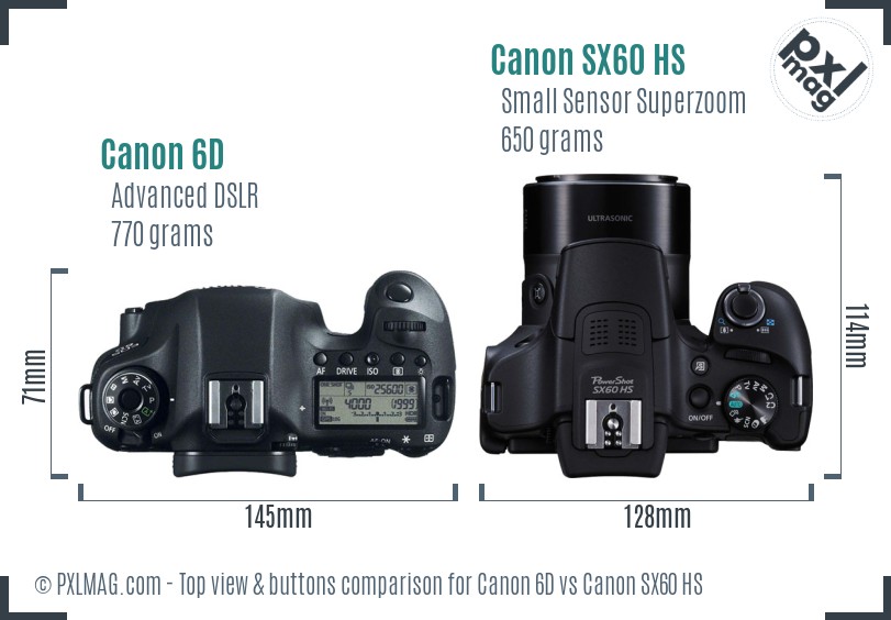 Canon 6D vs Canon SX60 HS top view buttons comparison