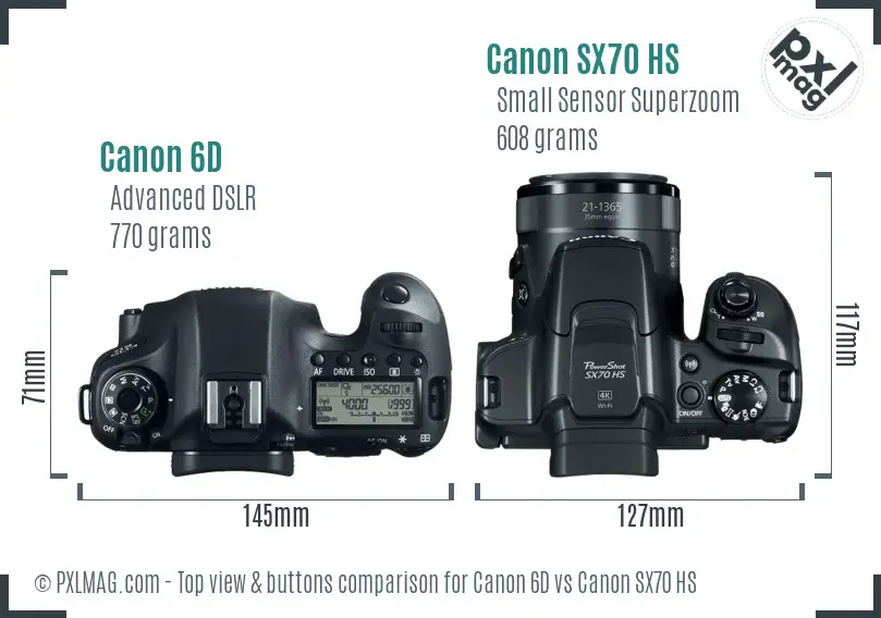 Canon 6D vs Canon SX70 HS top view buttons comparison