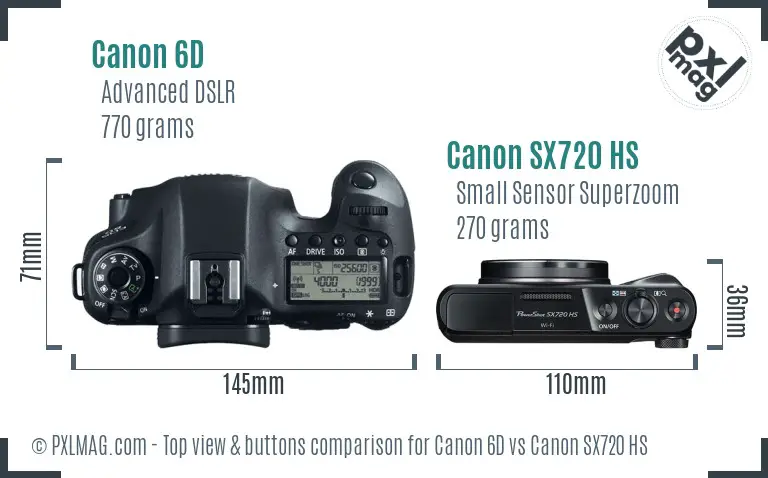 Canon 6D vs Canon SX720 HS top view buttons comparison Canon 6D vs Canon SX720 HS top view buttons comparison