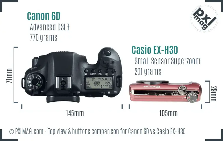 Canon 6D vs Casio EX-H30 top view buttons comparison