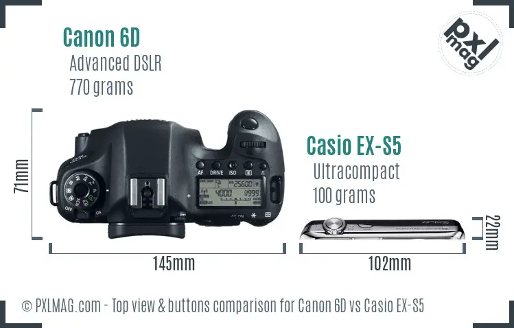 Canon 6D vs Casio EX-S5 top view buttons comparison