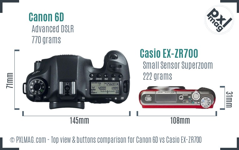 Canon 6D vs Casio EX-ZR700 top view buttons comparison