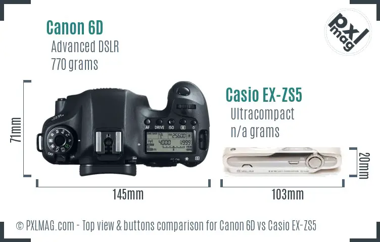 Canon 6D vs Casio EX-ZS5 top view buttons comparison
