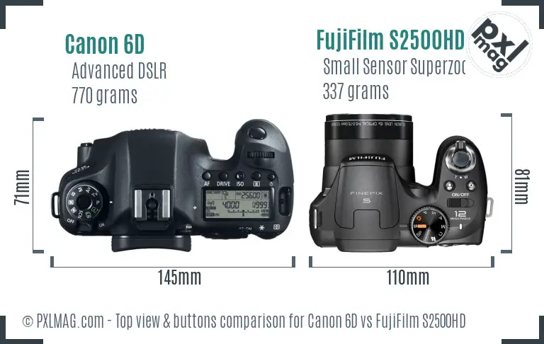 Canon 6D vs FujiFilm S2500HD top view buttons comparison