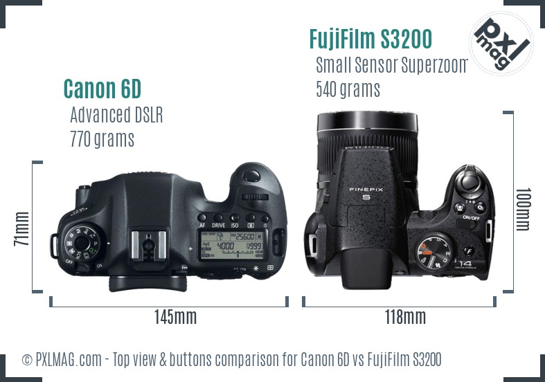 Canon 6D vs FujiFilm S3200 top view buttons comparison