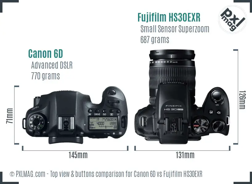 Canon 6D vs Fujifilm HS30EXR top view buttons comparison Canon 6D vs Fujifilm HS30EXR top view buttons comparison