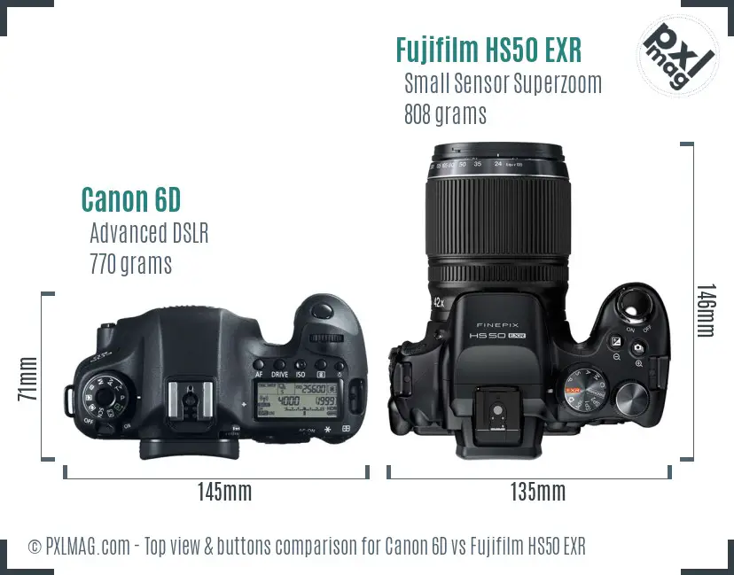 Canon 6D vs Fujifilm HS50 EXR top view buttons comparison