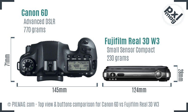 Canon 6D vs Fujifilm Real 3D W3 top view buttons comparison