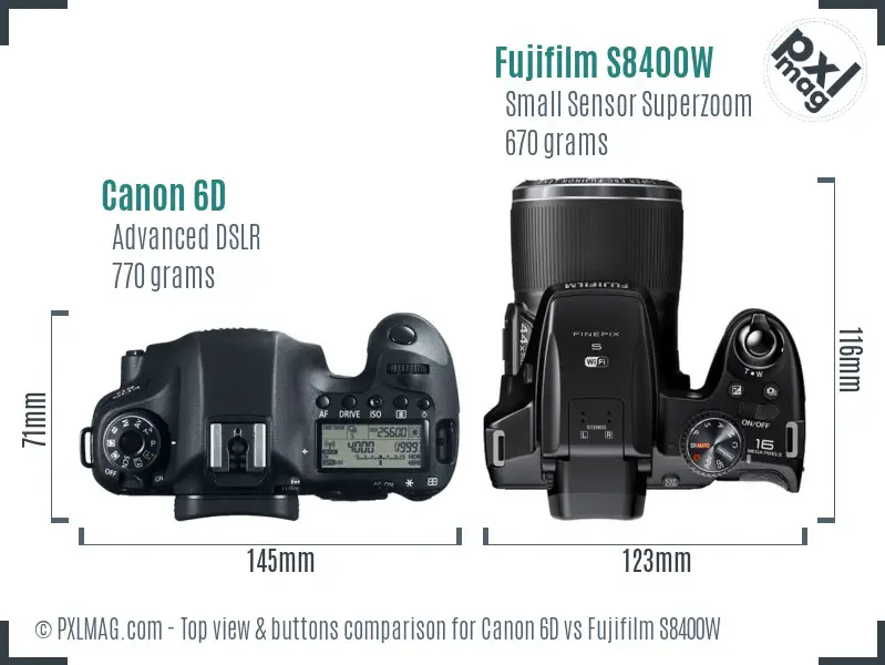 Canon 6D vs Fujifilm S8400W top view buttons comparison