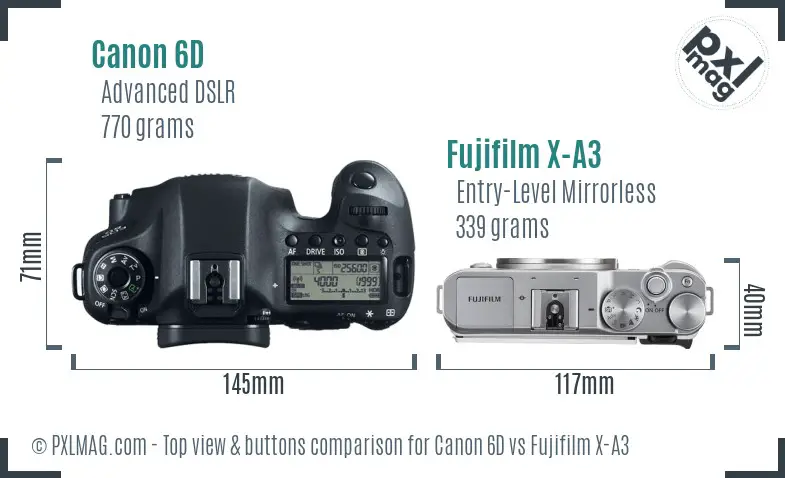 Canon 6D vs Fujifilm X-A3 top view buttons comparison
