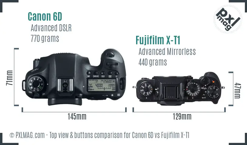 Canon 6D vs Fujifilm X-T1 top view buttons comparison Canon 6D vs Fujifilm X-T1 top view buttons comparison