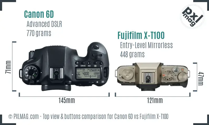 Canon 6D vs Fujifilm X-T100 top view buttons comparison