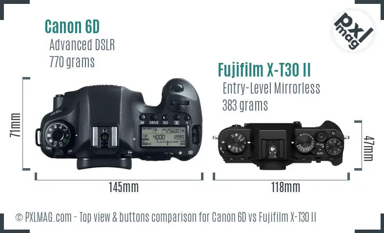 Canon 6D vs Fujifilm X-T30 II top view buttons comparison