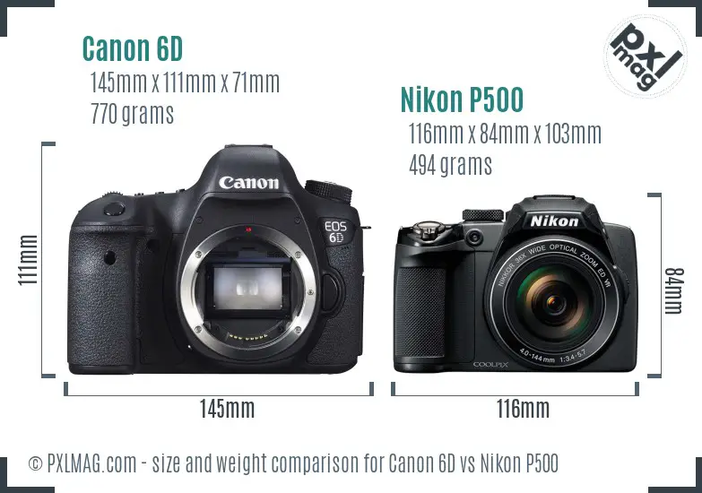 Canon 6D vs Nikon P500 size comparison