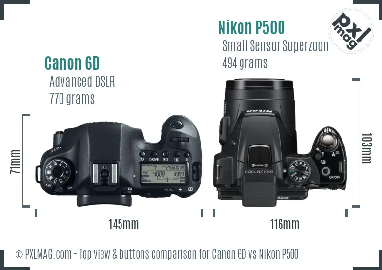 Canon 6D vs Nikon P500 top view buttons comparison