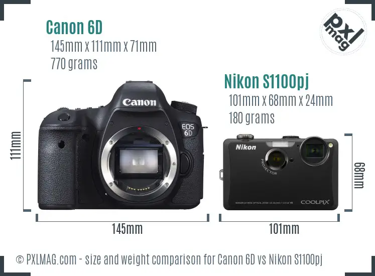 Canon 6D vs Nikon S1100pj size comparison