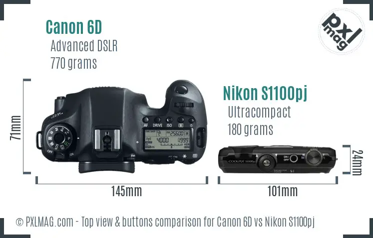 Canon 6D vs Nikon S1100pj top view buttons comparison