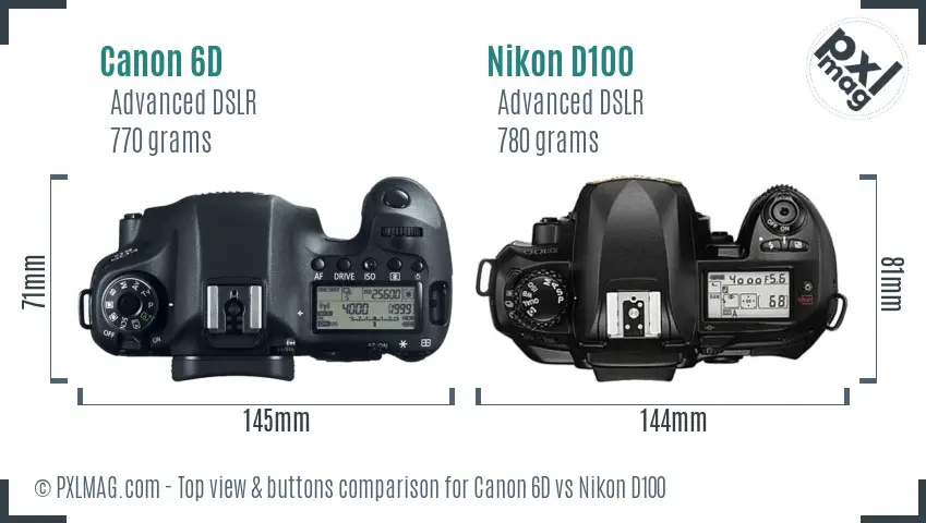 Canon 6D vs Nikon D100 top view buttons comparison