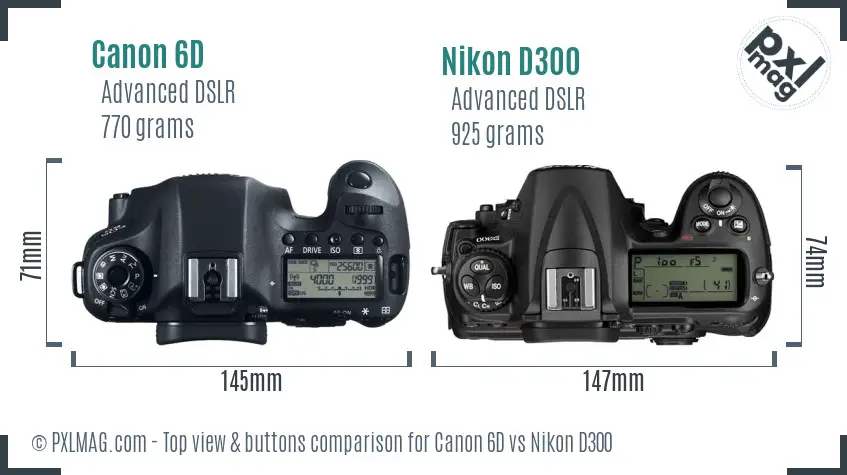 Canon 6D vs Nikon D300 top view buttons comparison