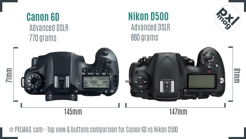 Canon 6D vs Nikon D500 top view buttons comparison