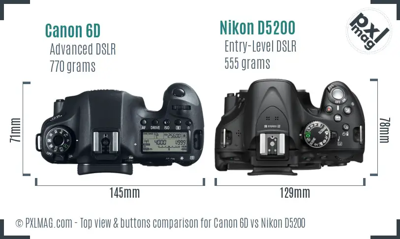 Canon 6D vs Nikon D5200 top view buttons comparison Canon 6D vs Nikon D5200 top view buttons comparison