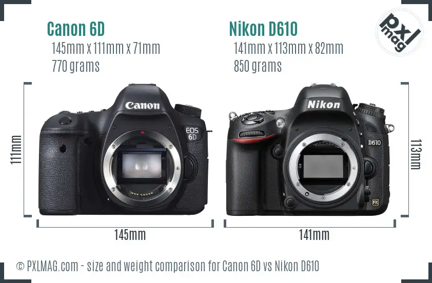 Canon 6D vs Nikon D610 size comparison