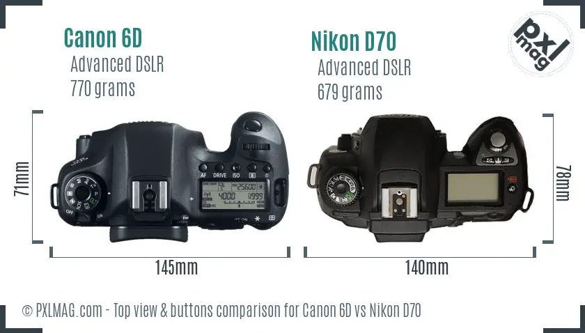 Canon 6D vs Nikon D70 top view buttons comparison