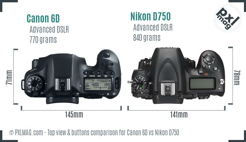 Canon 6D vs Nikon D750 top view buttons comparison