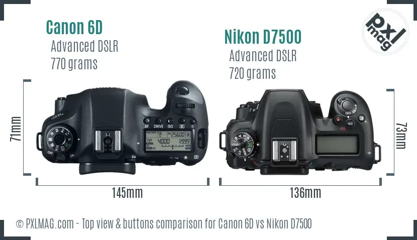 Canon 6D vs Nikon D7500 top view buttons comparison