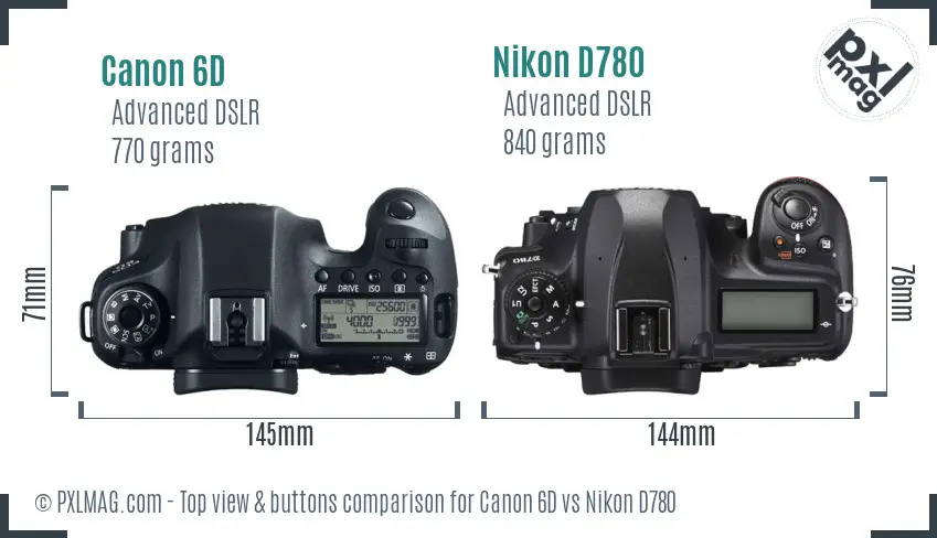Canon 6D vs Nikon D780 top view buttons comparison