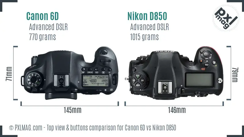 Canon 6D vs Nikon D850 top view buttons comparison