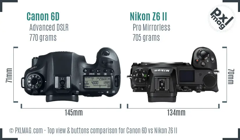 Canon 6D vs Nikon Z6 II top view buttons comparison Canon 6D vs Nikon Z6 II top view buttons comparison