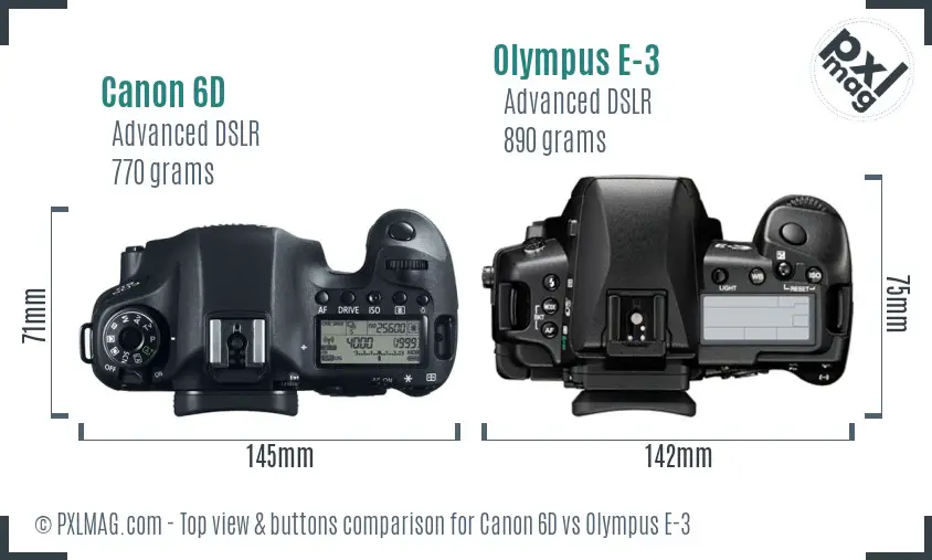Canon 6D vs Olympus E-3 top view buttons comparison