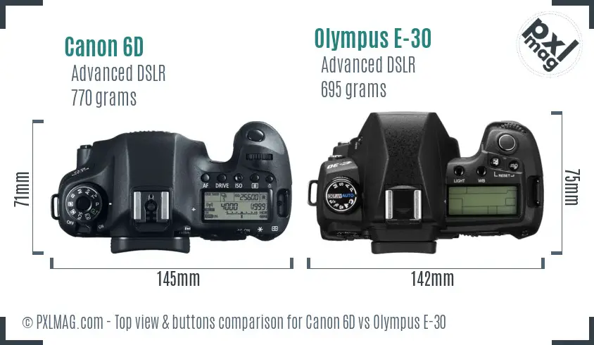 Canon 6D vs Olympus E-30 top view buttons comparison