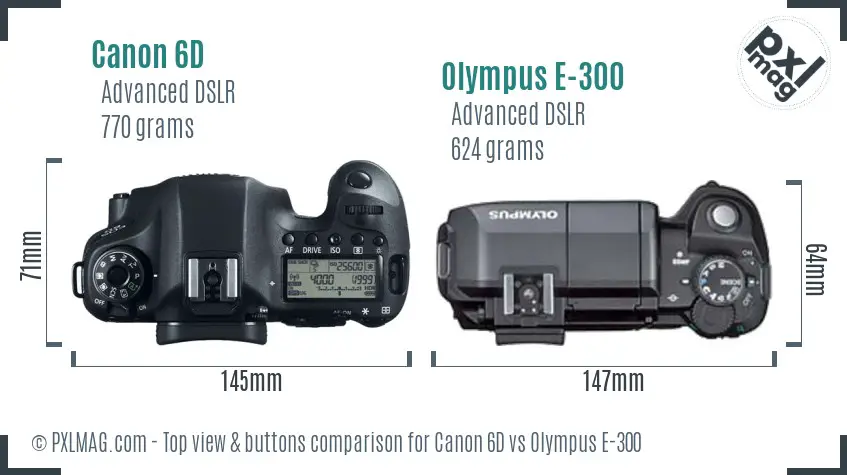 Canon 6D vs Olympus E-300 top view buttons comparison