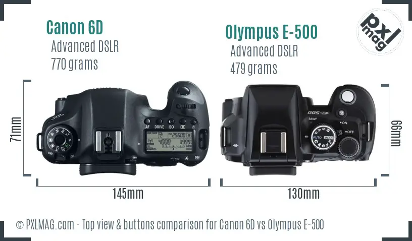 Canon 6D vs Olympus E-500 top view buttons comparison