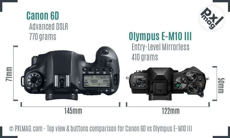 Canon 6D vs Olympus E-M10 III top view buttons comparison Canon 6D vs Olympus E-M10 III top view buttons comparison