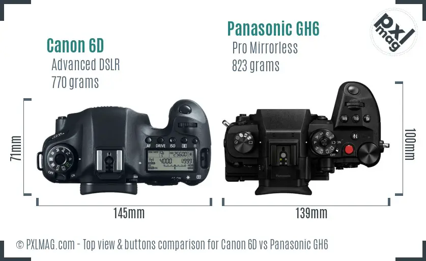 Canon 6D vs Panasonic GH6 top view buttons comparison Canon 6D vs Panasonic GH6 top view buttons comparison
