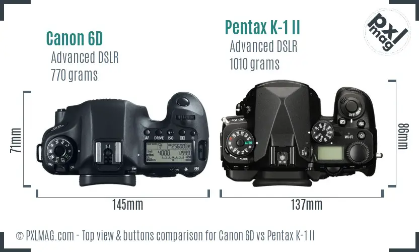 Canon 6D vs Pentax K-1 II top view buttons comparison