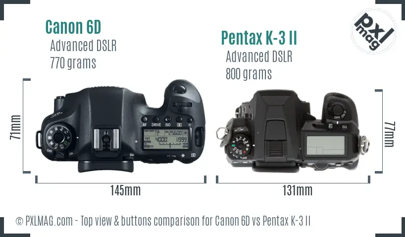 Canon 6D vs Pentax K-3 II top view buttons comparison