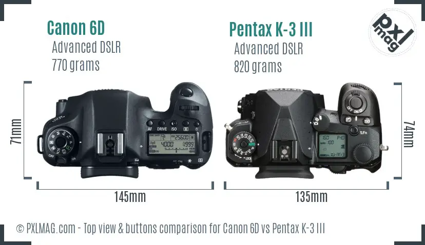 Canon 6D vs Pentax K-3 III top view buttons comparison