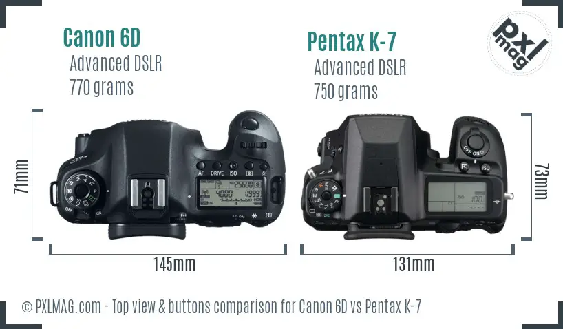 Canon 6D vs Pentax K-7 top view buttons comparison