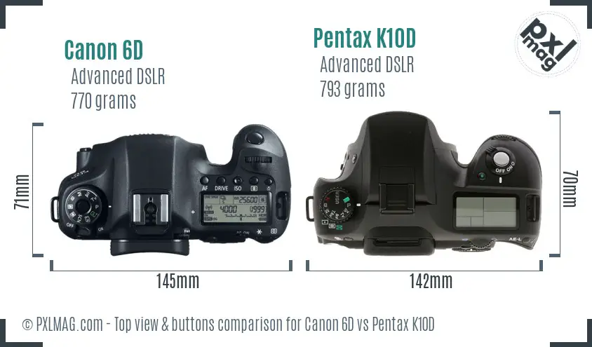 Canon 6D vs Pentax K10D top view buttons comparison