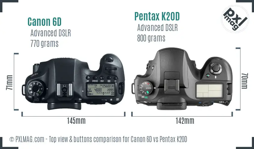 Canon 6D vs Pentax K20D top view buttons comparison