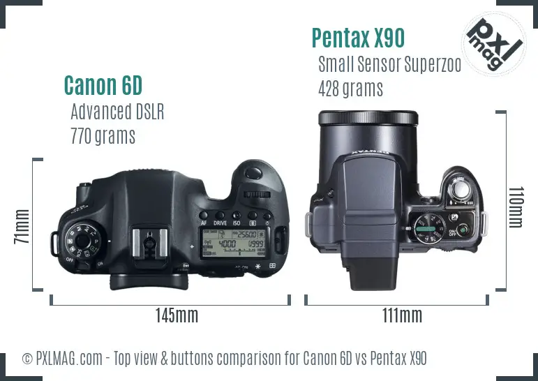 Canon 6D vs Pentax X90 top view buttons comparison