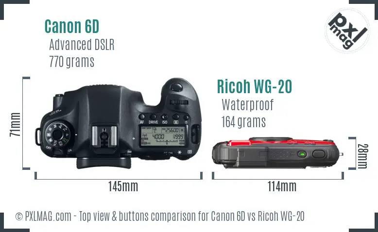 Canon 6D vs Ricoh WG-20 top view buttons comparison
