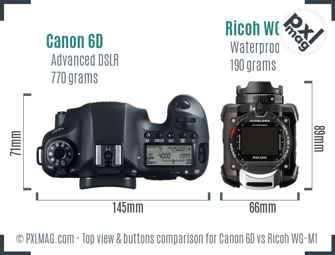 Canon 6D vs Ricoh WG-M1 top view buttons comparison