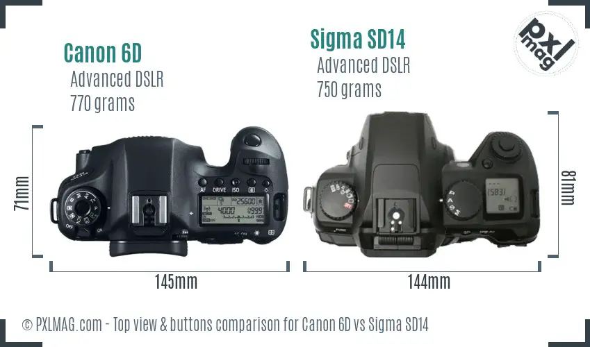 Canon 6D vs Sigma SD14 top view buttons comparison