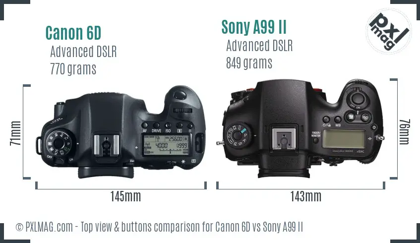Canon 6D vs Sony A99 II top view buttons comparison