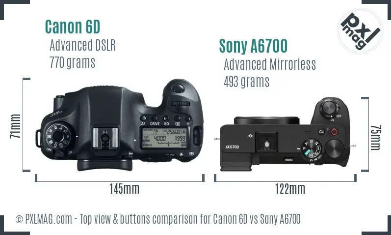 Canon 6D vs Sony A6700 top view buttons comparison Canon 6D vs Sony A6700 top view buttons comparison